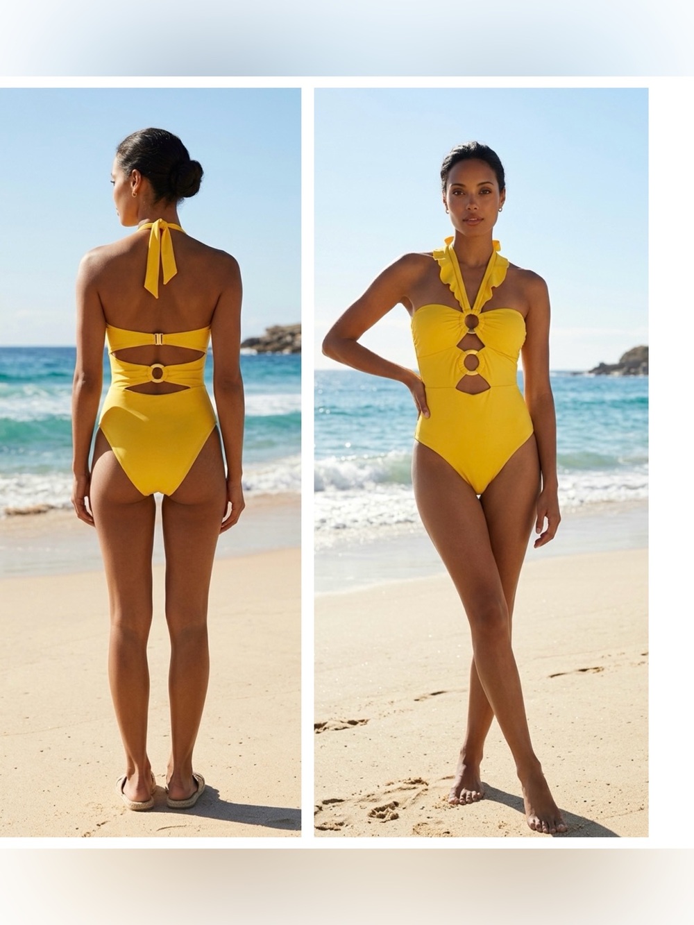 So Luna Women Sz S Yellow Ruffle Halter One-Piece Cut out strappy Swimsuit NWT